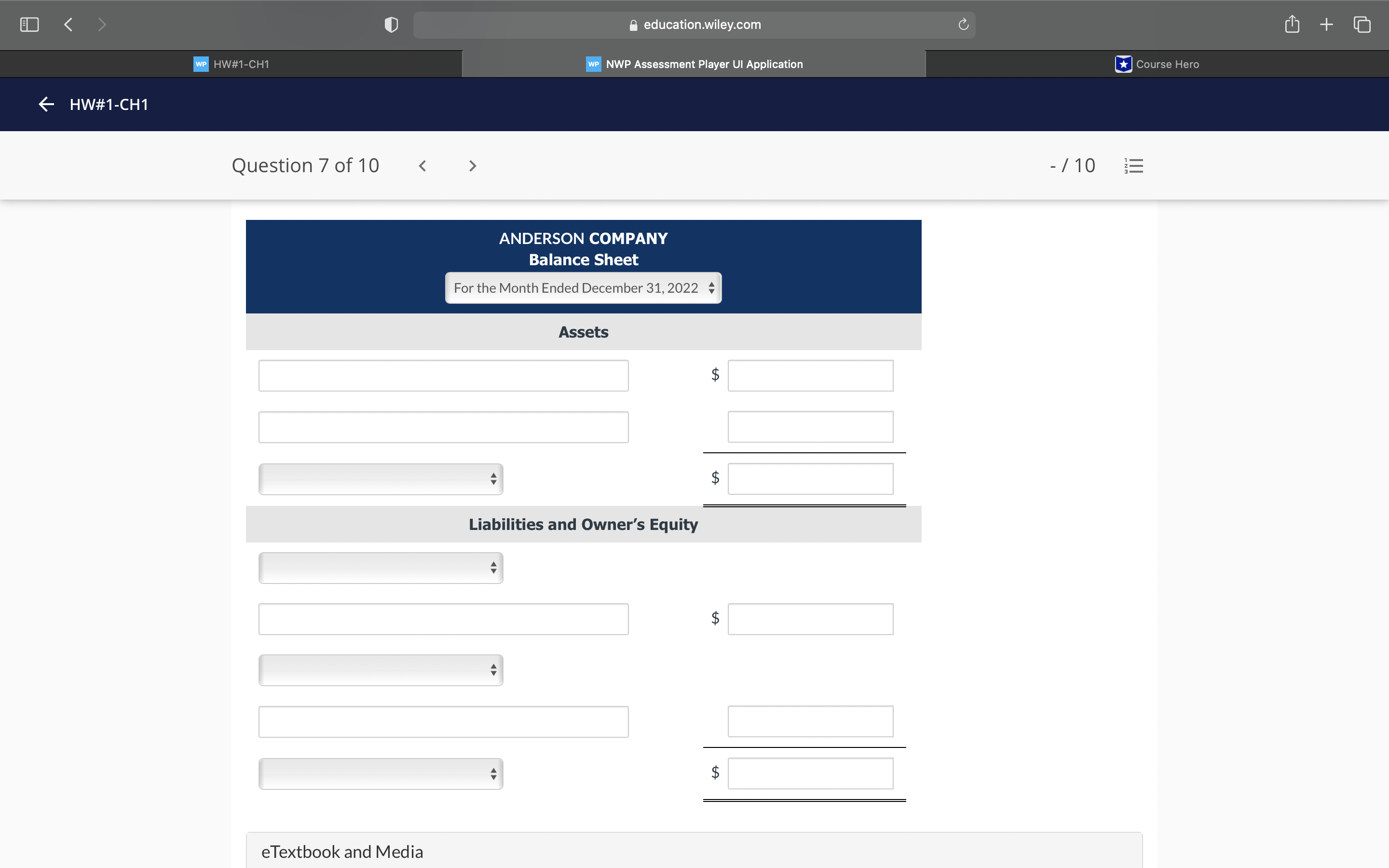 In alphabetical order below are balance sheet items for Anderson Company at