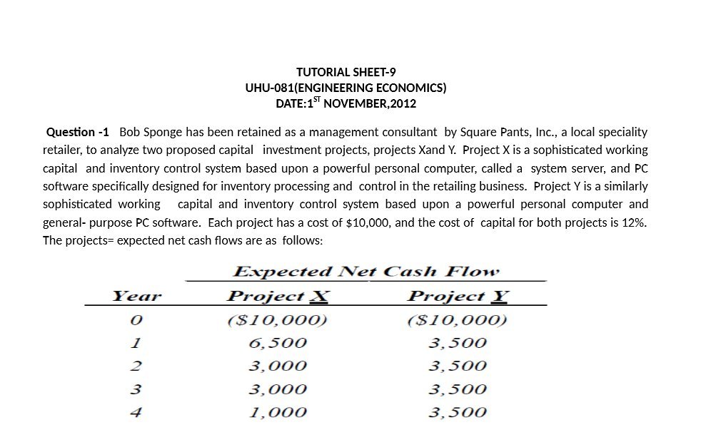  TUTORIAL SHEET-9 UHU-081(ENGINEERING ECONOMICS) DATE:1" NOVEMBER,2012 Question -1 Bob Sponge has