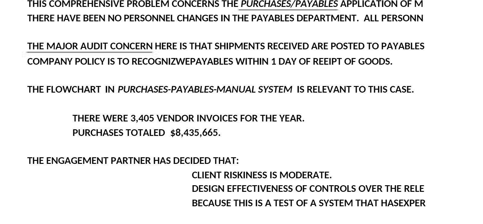 THIS COMPREHENSIVE PROBLEM CONCERNS THE PURCHASES/PAYABLES APPLICATION OF M THERE HAVE
