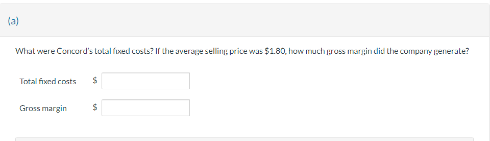 (a) What were Concord's total fixed costs? If the average selling