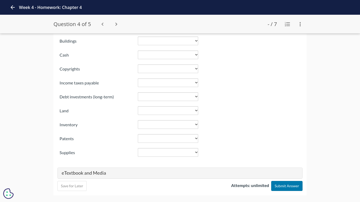 - 17 ... Buildings Cash Copyrights Income taxes payable Debt investments (long-term)