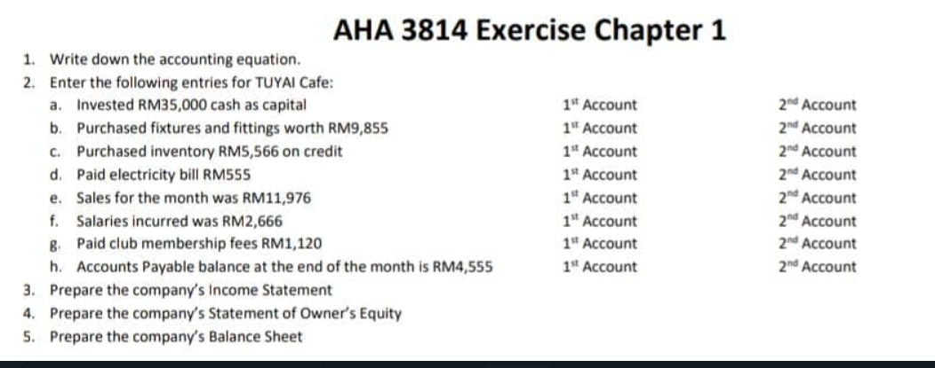 Question 1 AHA 3814 Exercise Chapter 1 1. Write down the accounting