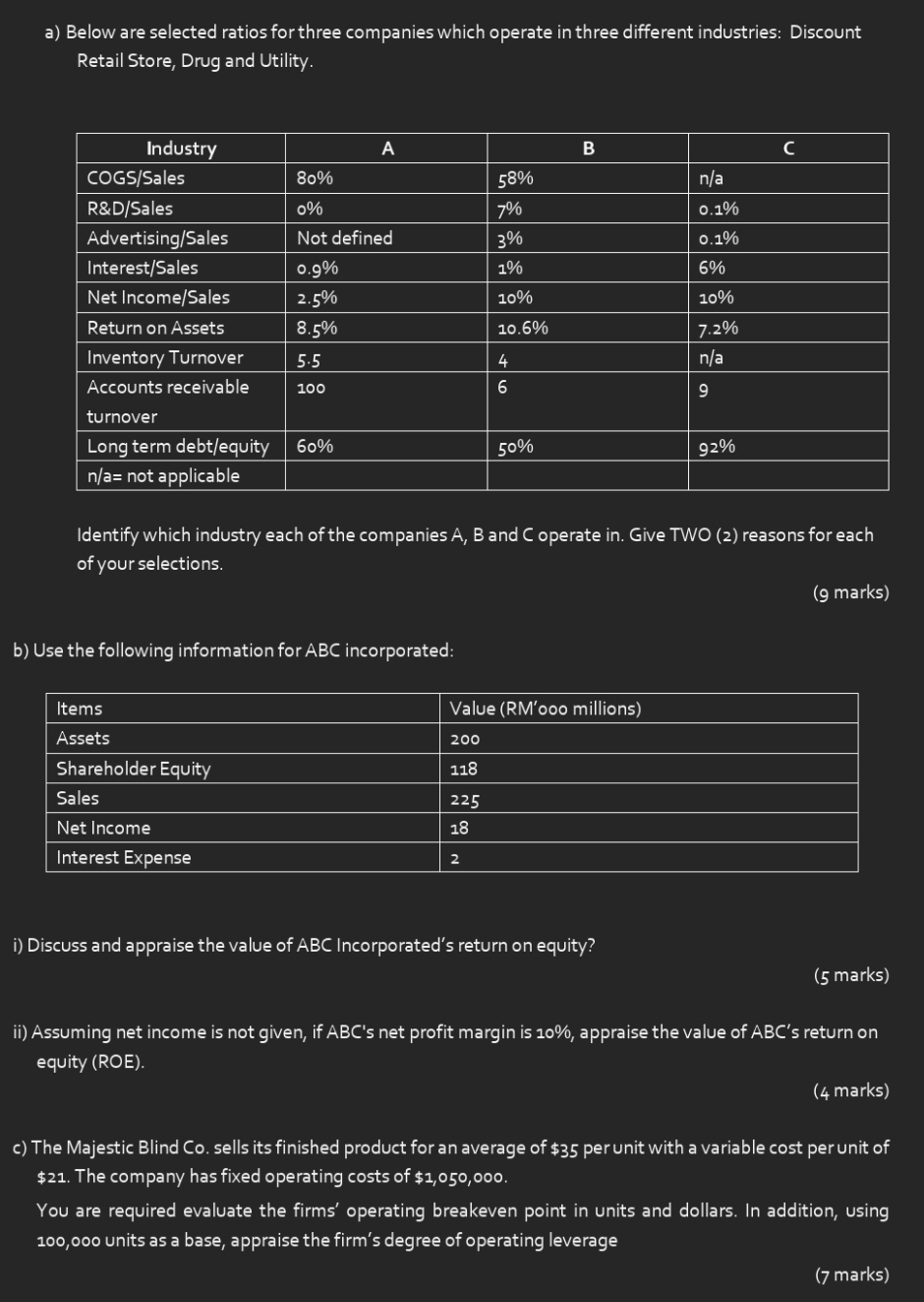 please answer a and b thank you a) Below are selected ratios
