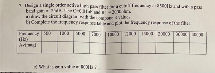 7. Design a single order active high pass filter for a