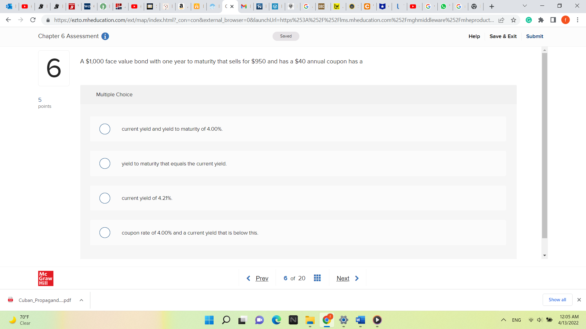  V X -> C a https://ezto.mheducation.com/ext/map/index.html?_con=con&external_browser=0&launchUrl=https%253A%252F%252FIms.mheducation.com%252Fmghmiddleware%252Fmheproduct... Chapter 6 Assessment i Saved