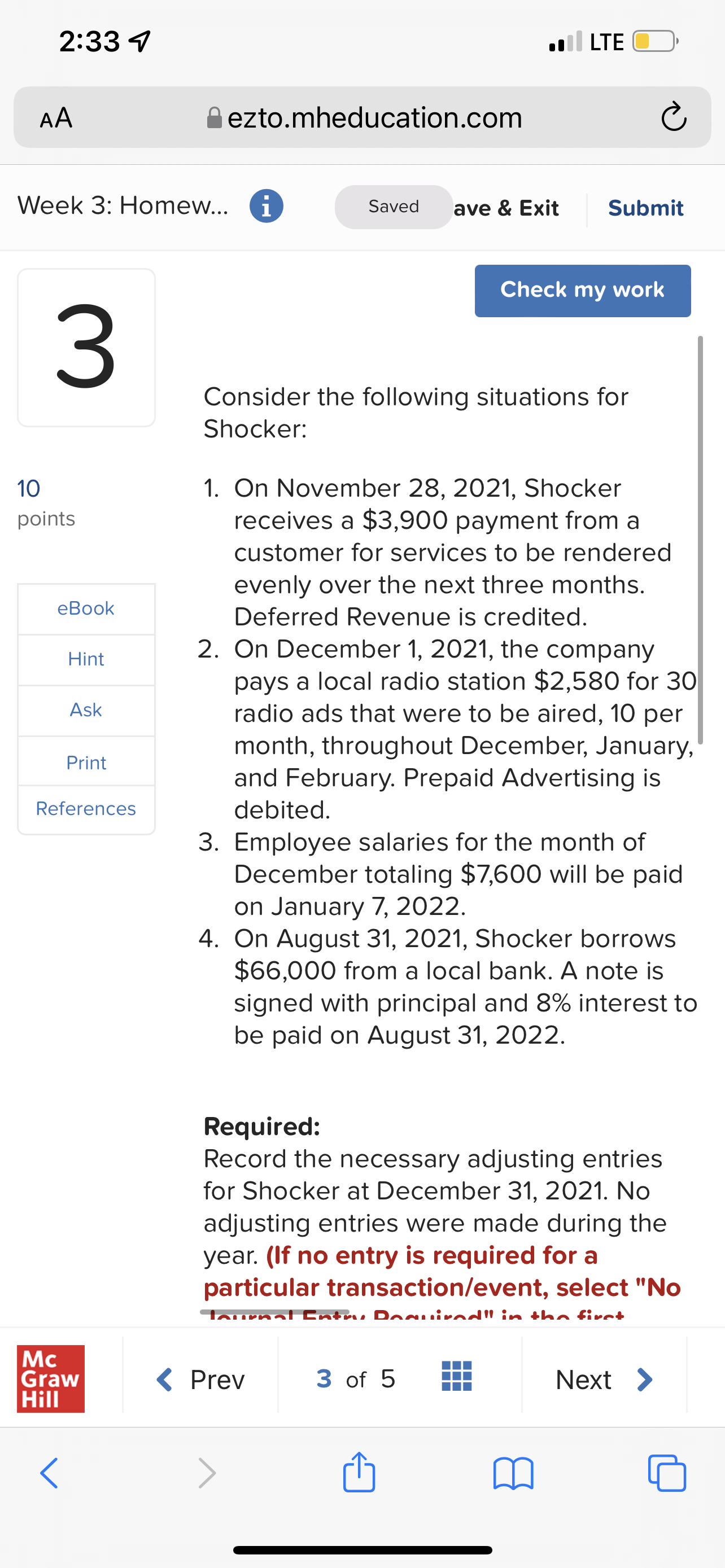  2:33 9 . LTE OD AA ezto.mheducation.com C Week 3: Homew...