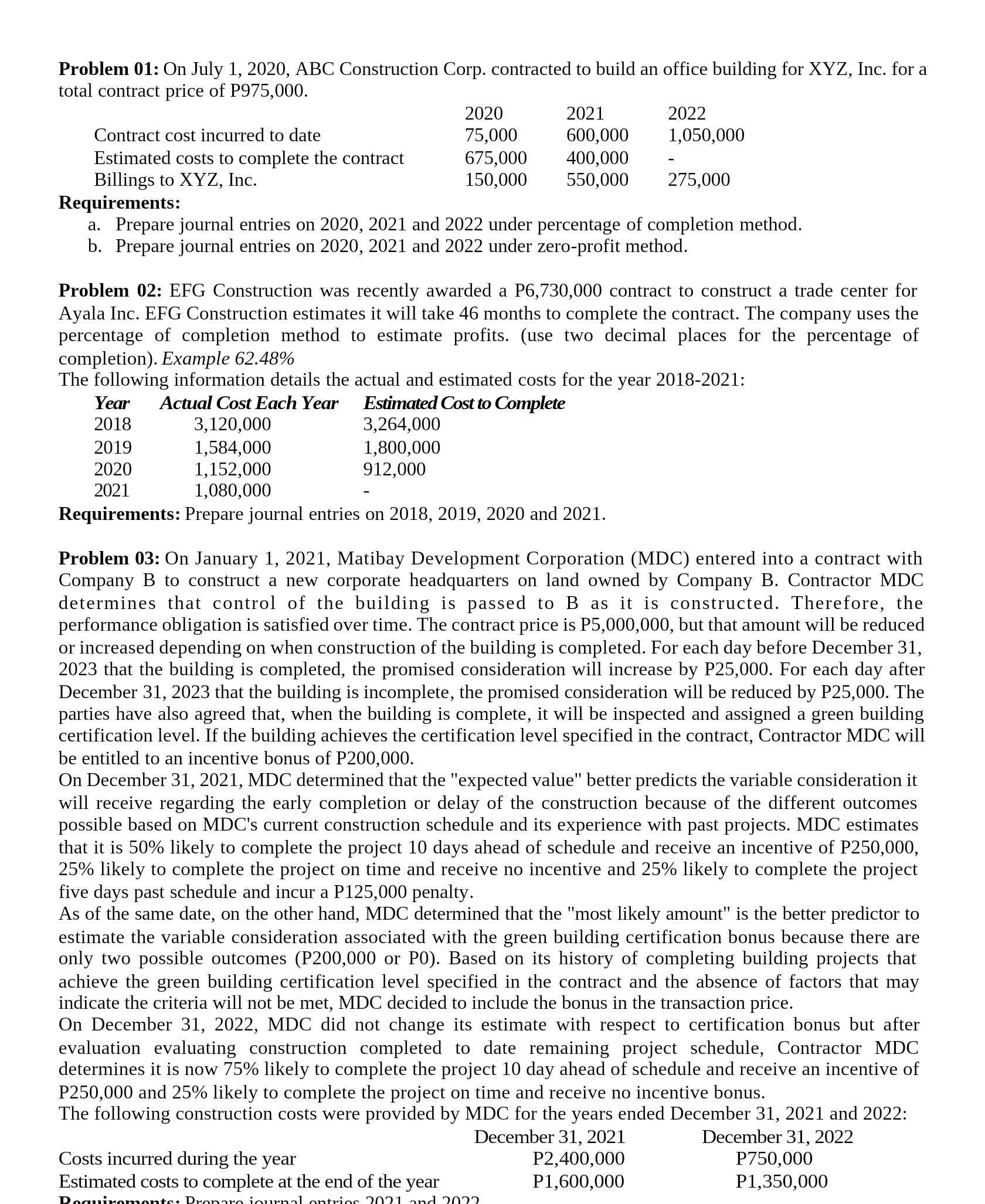  Problem 01: On July 1, 2020, ABC Construction Corp. contracted to