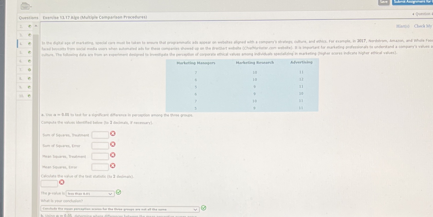  Save Submit Assignment for Question Questions Exercise 13.17 Algo (Multiple Comparison