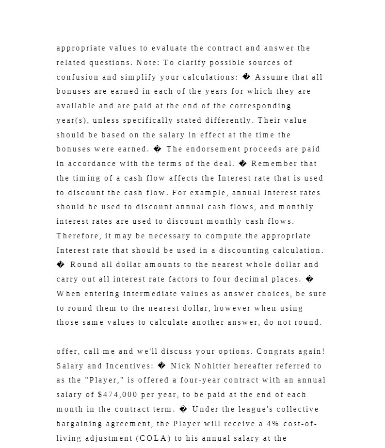 appropriate values to evaluate the contract and answer the related questions.