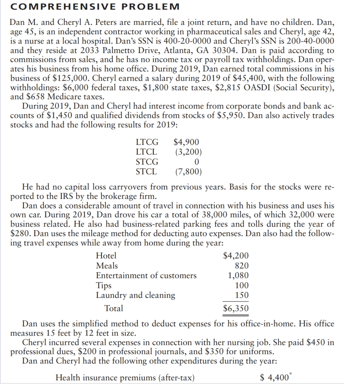 COMPREHENSIVE PROBLEM Dan M. and Cheryl A. Peters are married, file
