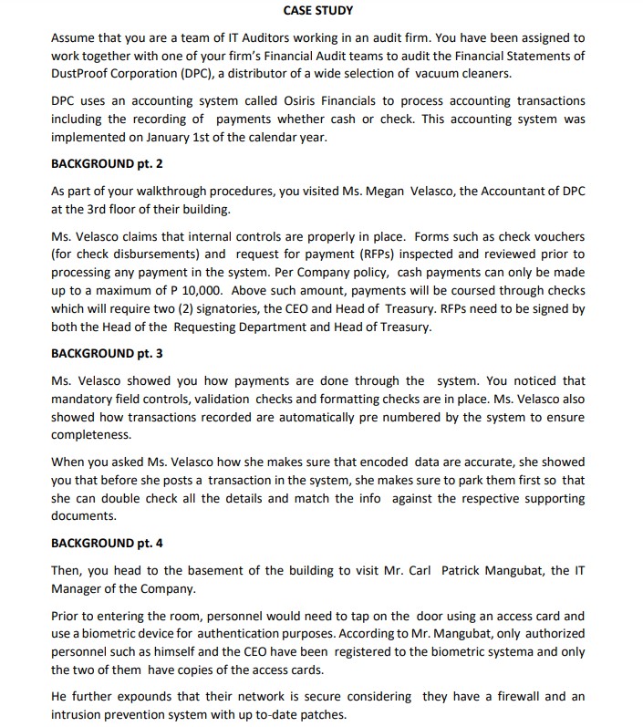 Kindly need help answering the case CASE STUDY Assume that you are