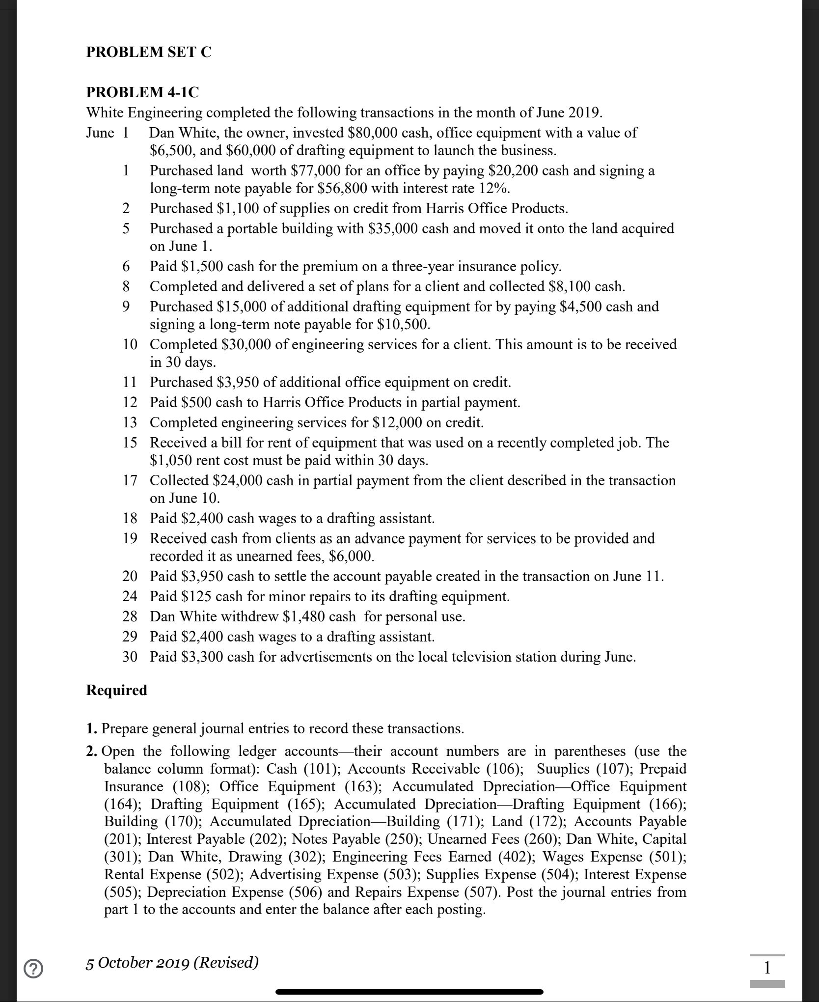  PROBLEM SET C PROBLEM 4-1C White Engineering completed the following transactions