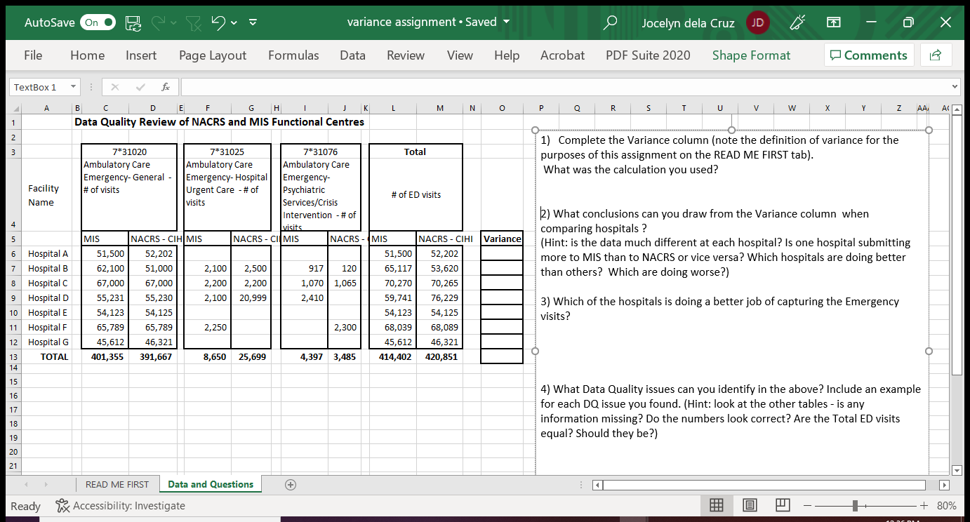 AutoSave on. ( 7 5- - variance assignment . Saved Jocelyn