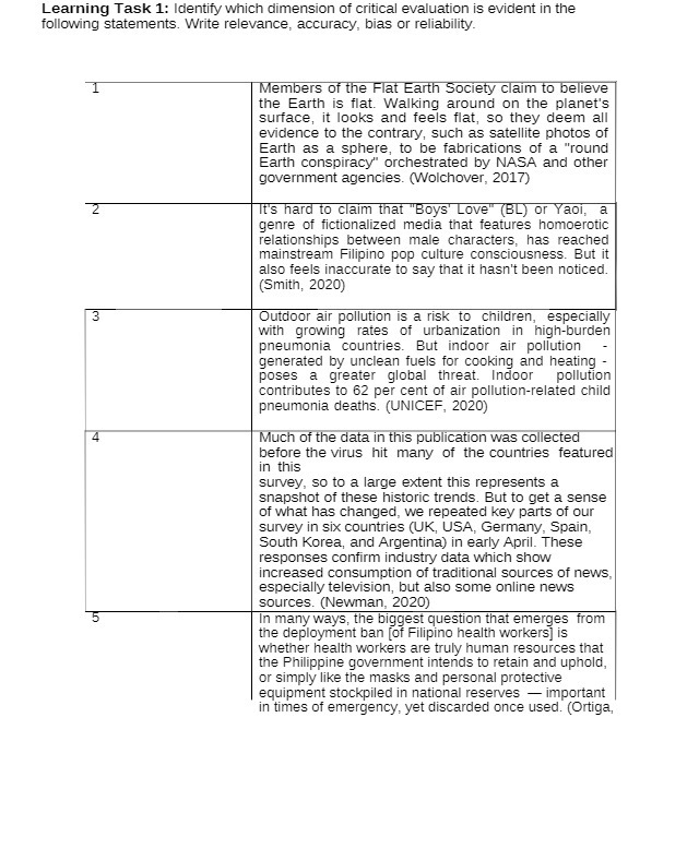  Learning Task 1: Identify which dimension of critical evaluation is evident