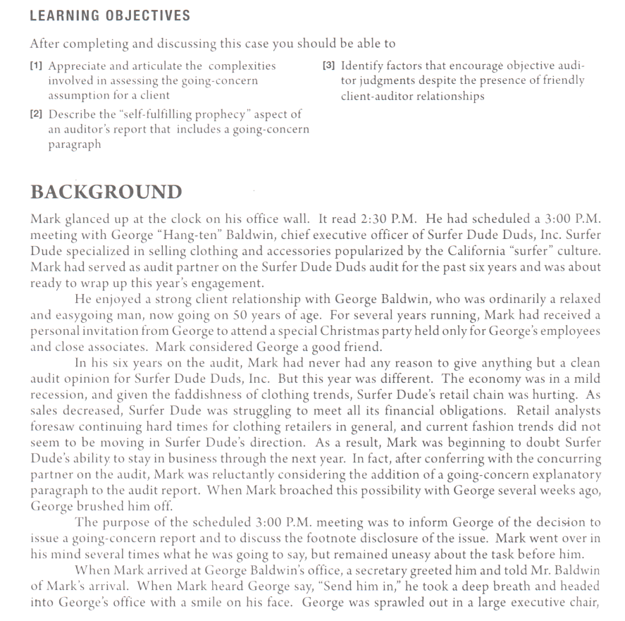 Auditing question LEARNING OBJECTIVES After completing and discussing this case you should