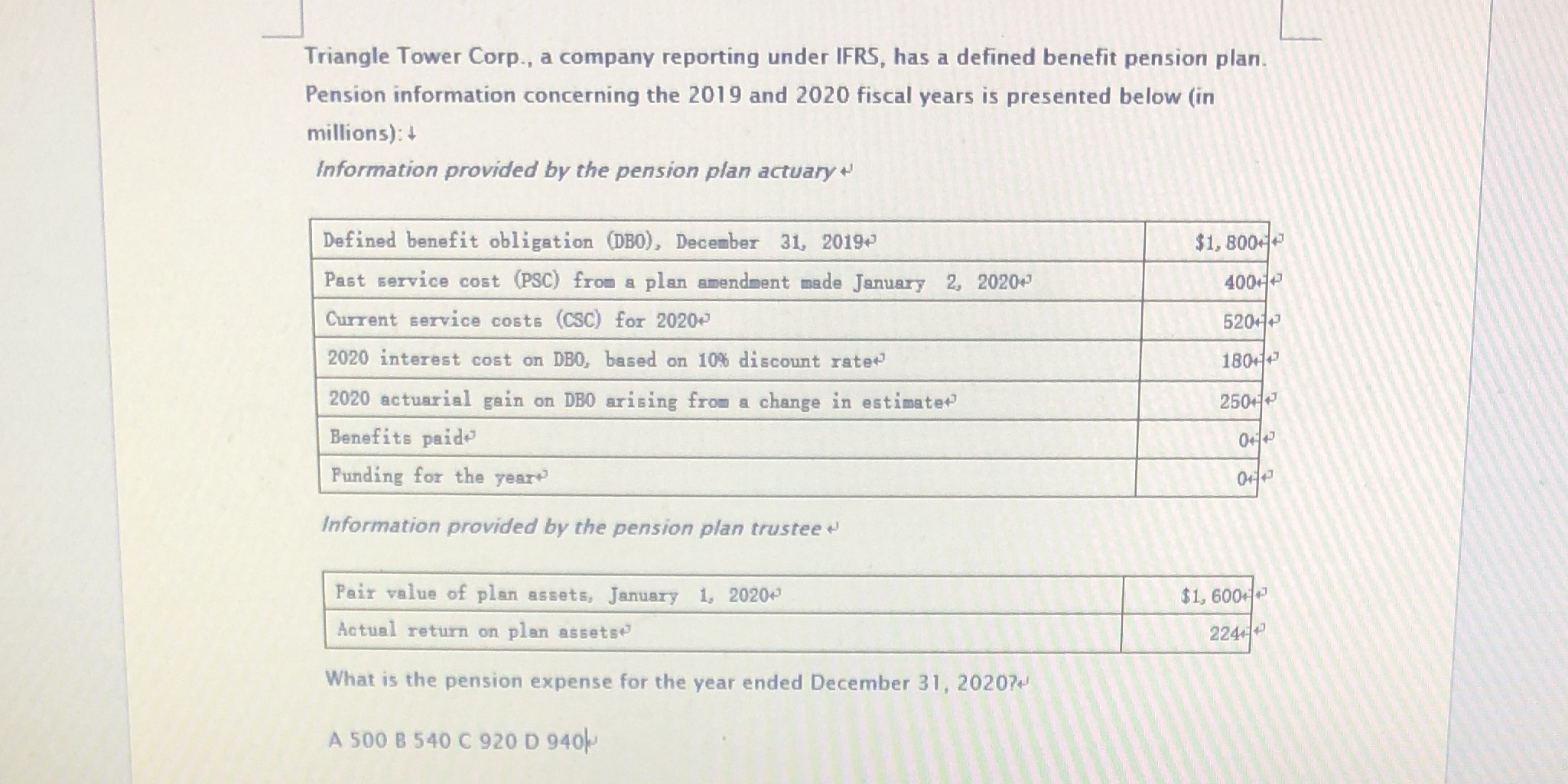 Triangle Tower Corp., a company reporting under IFRS, has a defined