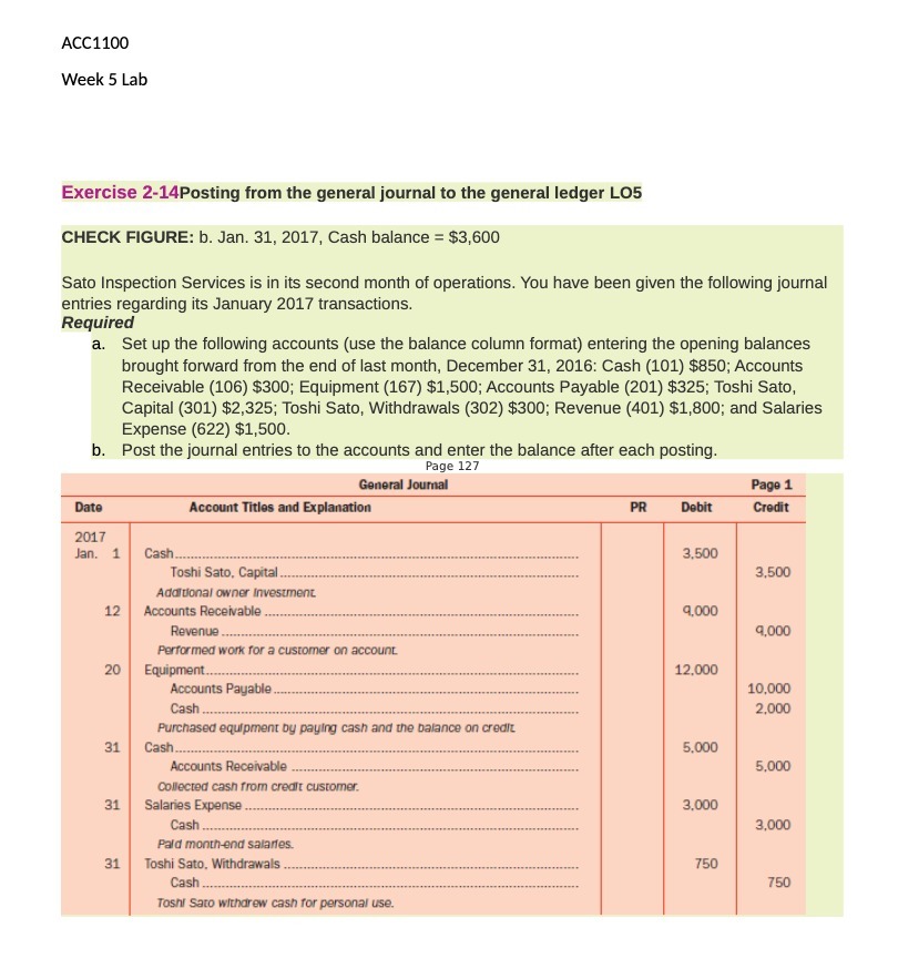  ACC1100 Week 5 Lab Exercise 2-14Posting from the general journal to