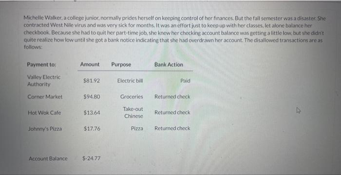 Step by step calculation. .. Michelle Walker, a college junior, normally prides