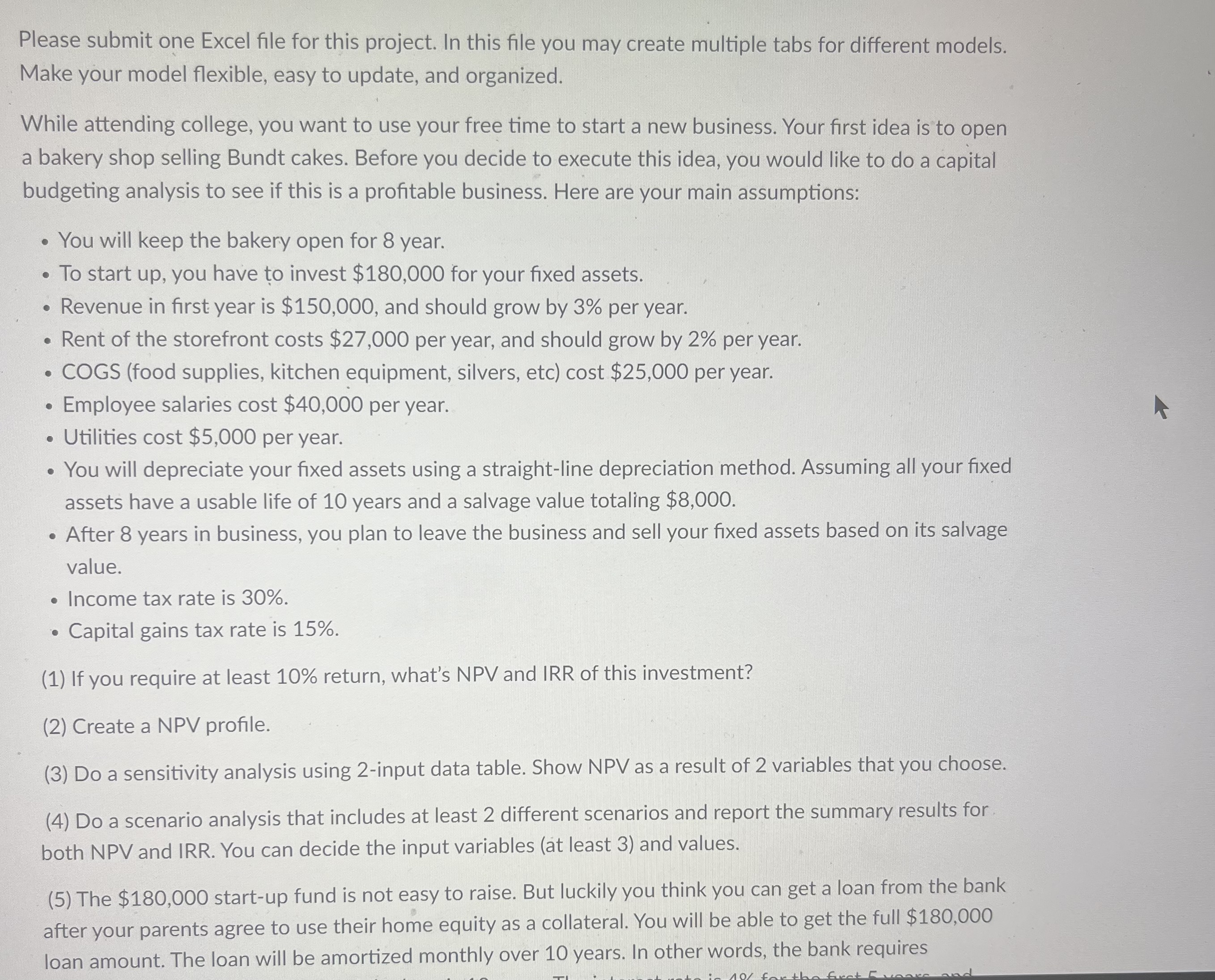 Please submit one Excel file for this project. In this file