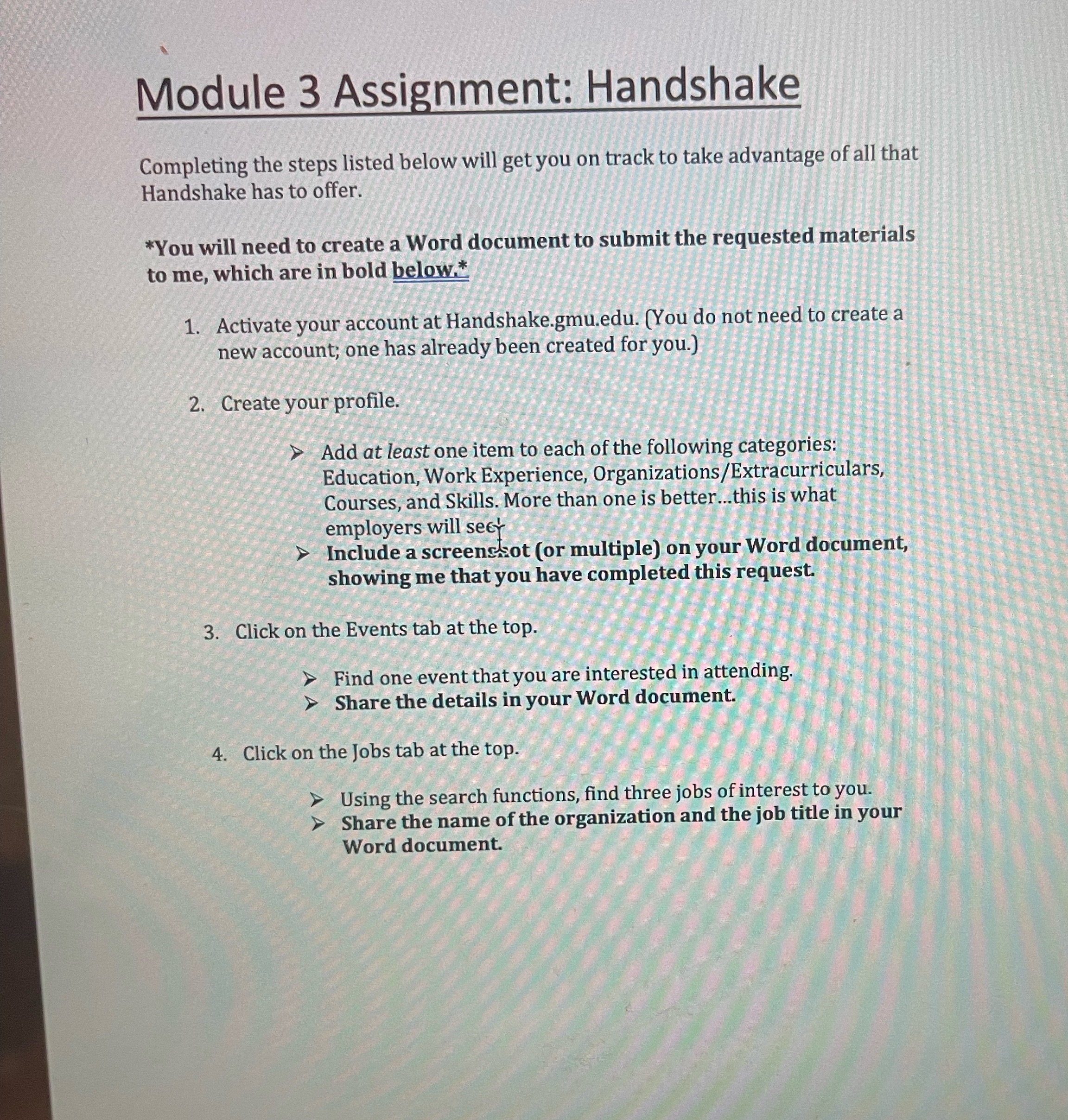 Psy 399 module. 3 Module 3 Assignment: Handshake Completing the steps listed
