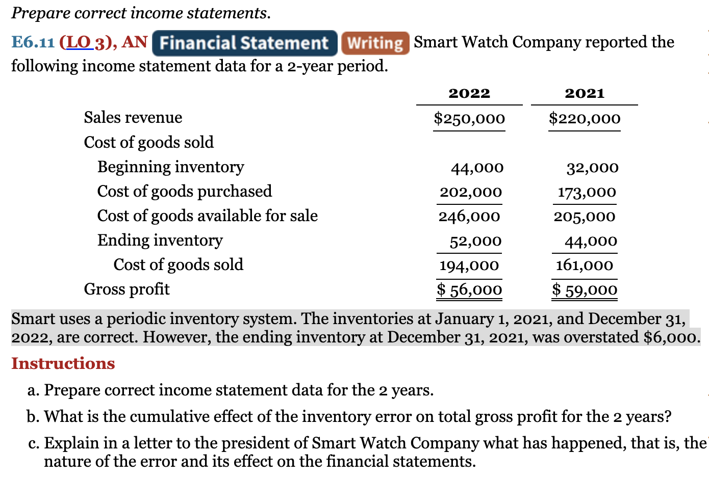 Prepare correct income statements. E6.11 (Q3), AN Financial Statement m Smart