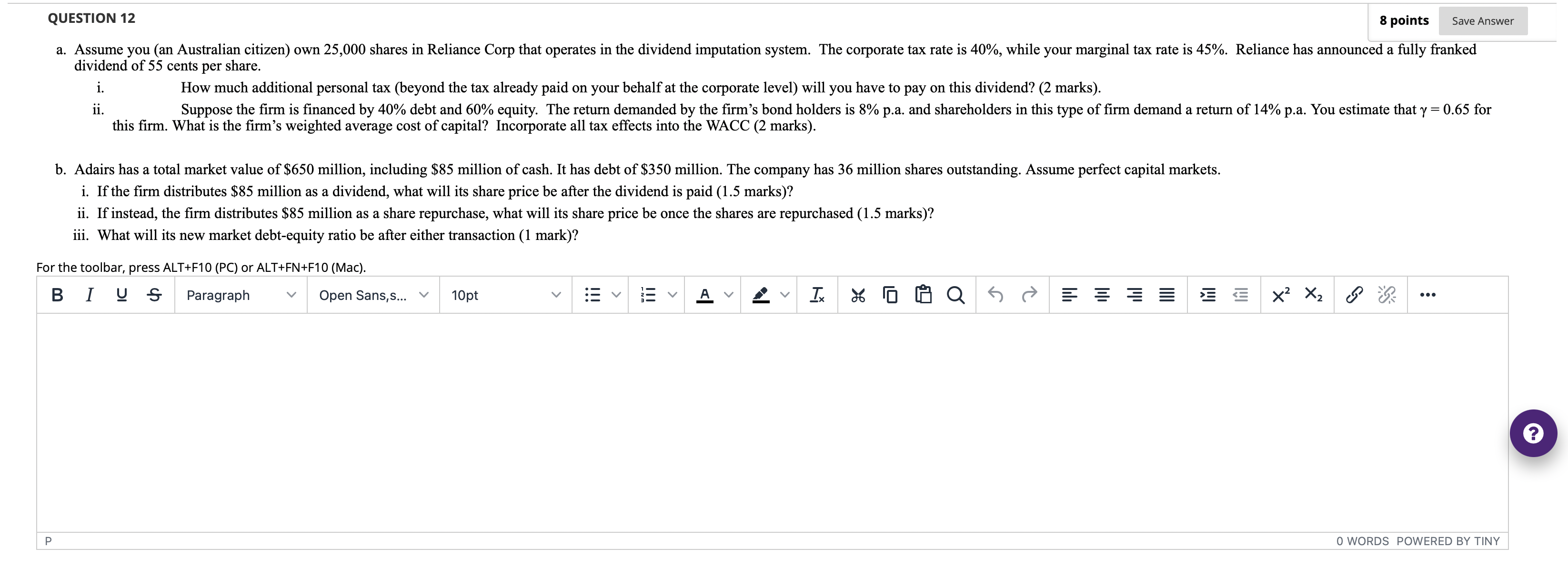  QUESTION 12 s palms Save Answer a. Assume you (an Australian