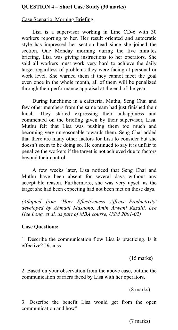  CoursHeroTranscribedText: QUESTION 4 - Short Case Study (30 marks) Case Scenario: