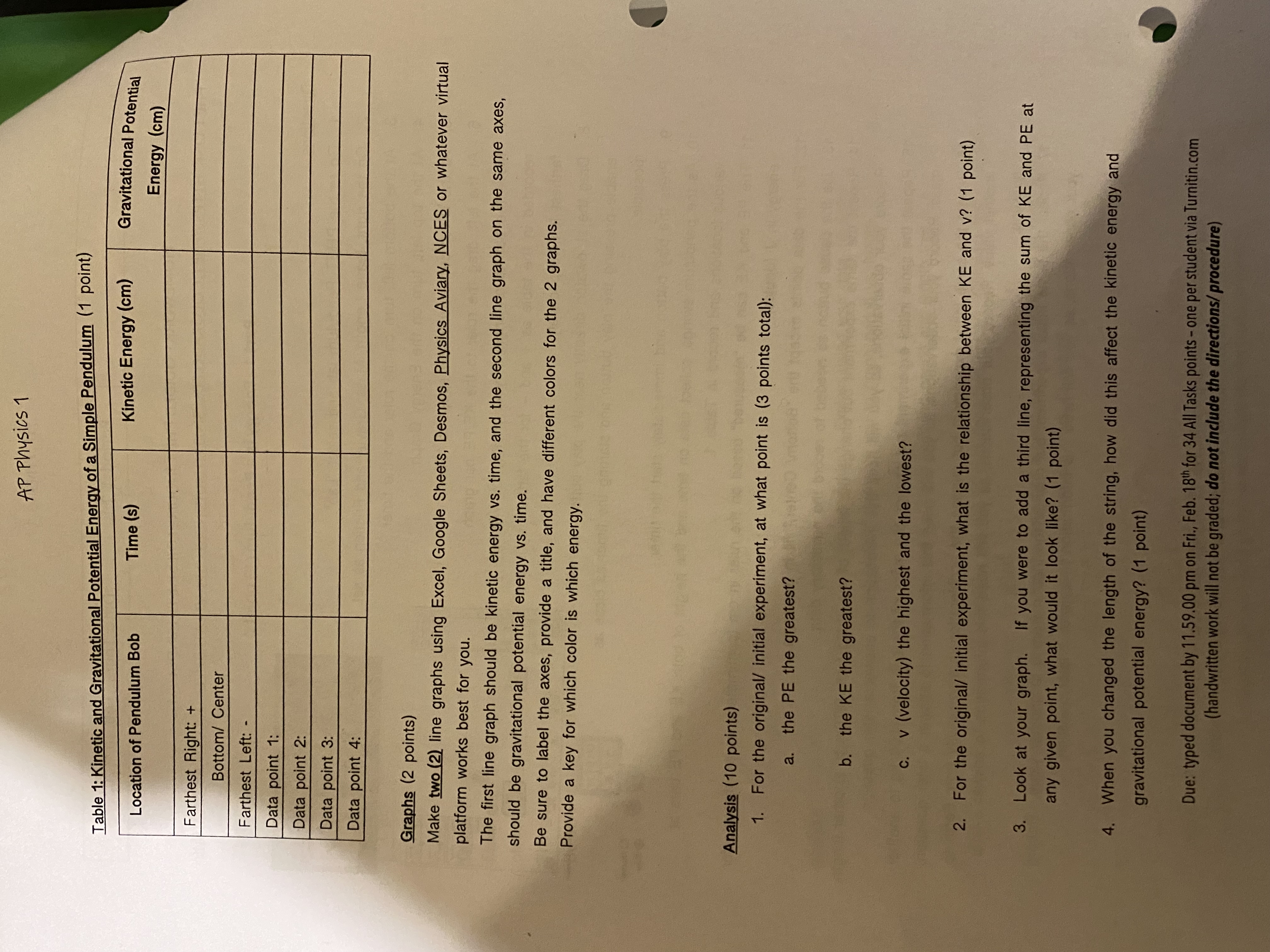 Part 1 - Energy in a Pendulum (13 points) Pendulum Lab Directions