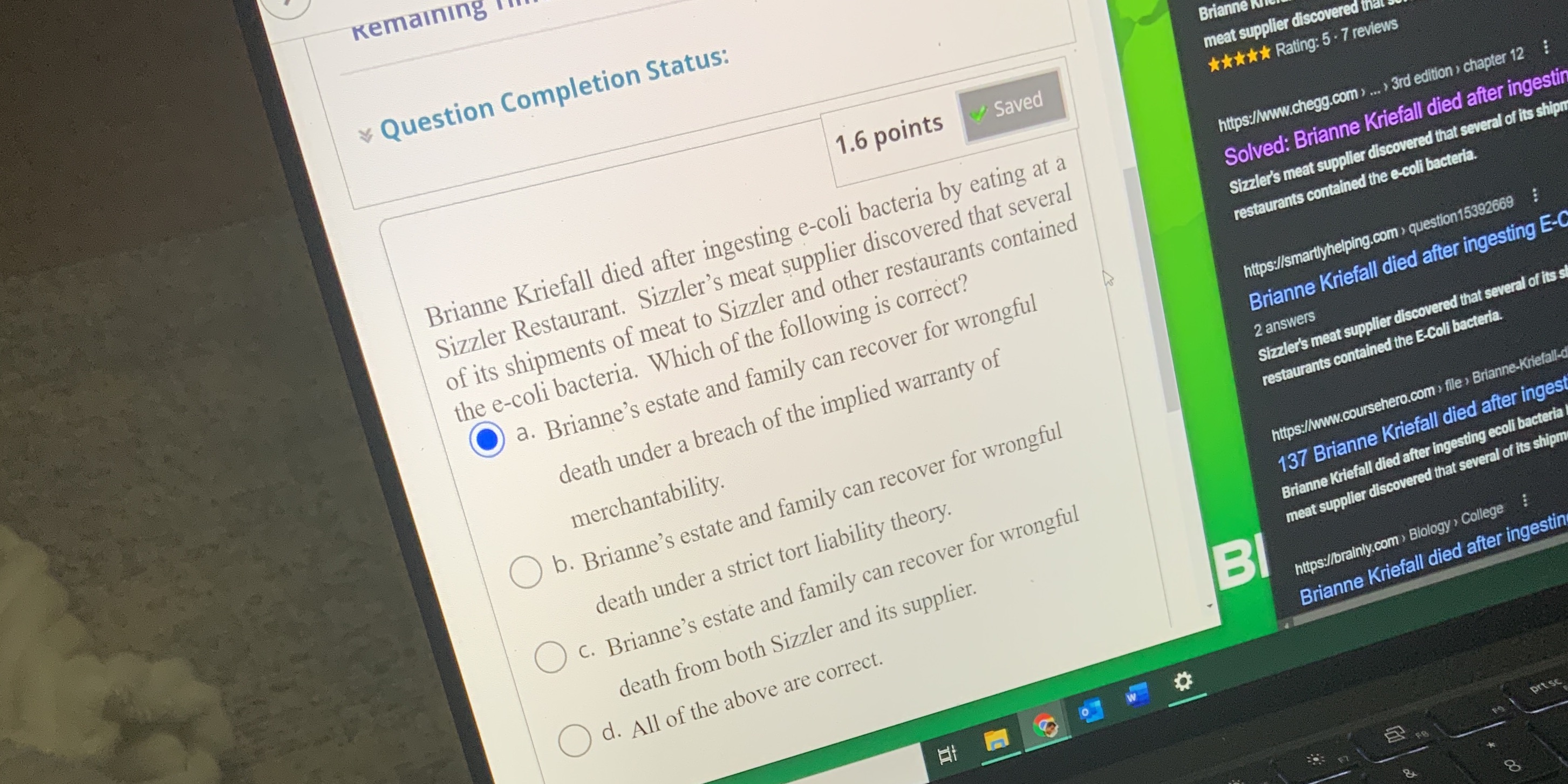  Remaining Question Completion Status: Brianne M 1.6 points Saved meat supplier