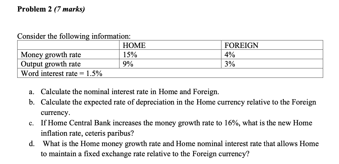Problem 2 (7 marks) Consider the following information: HOME FOREIGN Money