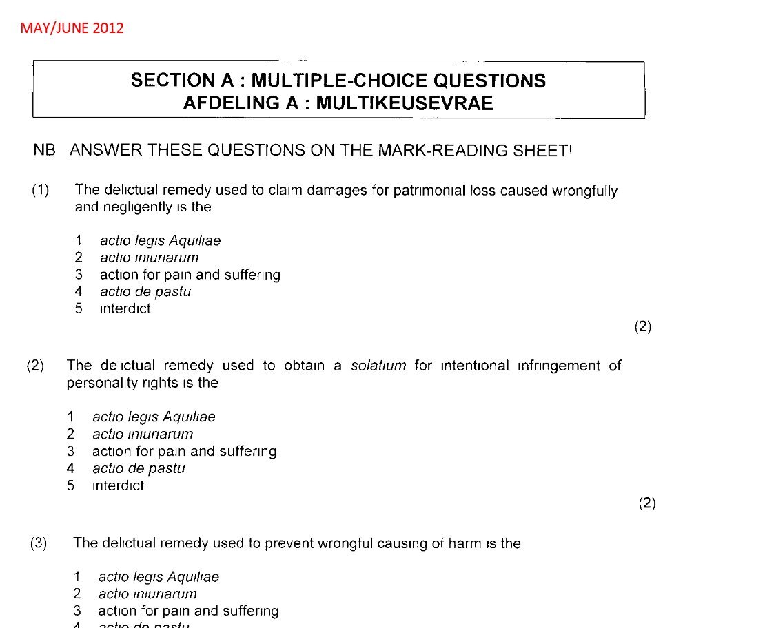 MAY/JUNE 2012 SECTION A : MULTIPLE-CHOICE QUESTIONS AFDELING A : MULTIKEUSEVRAE