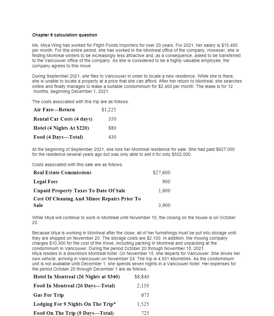  Chapter 9 calculation question Ms. Miya Wing has worked for Flight