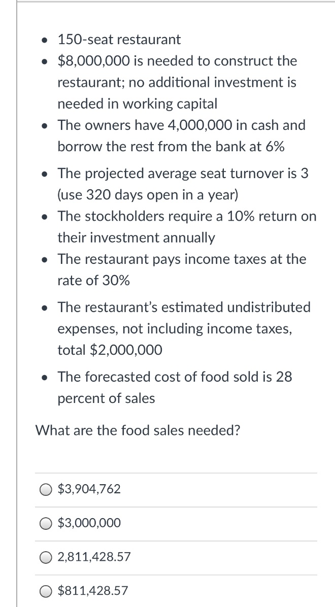  o 150useat restaurant 0 $8,000,000 is needed to construct the restaurant;