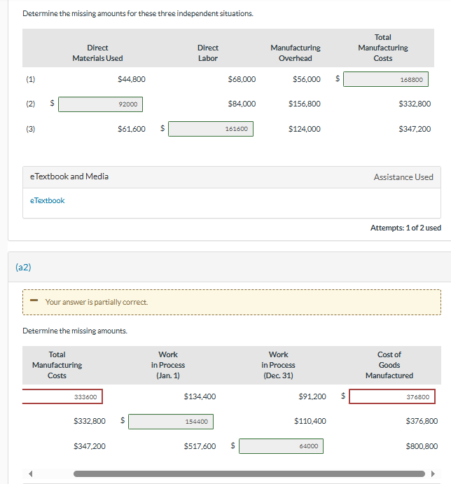 Determine the missing amounts for these three independent situations. Total Direct