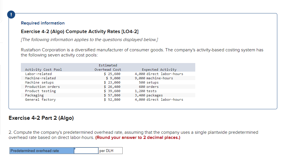 See attached please Required information Exercise 4-2 (Algo) Compute Activity Rates [LO4-2]