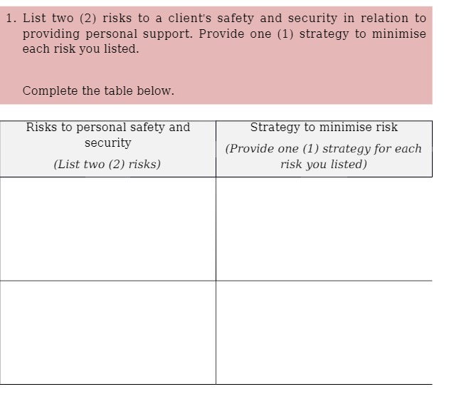  1. List two (2) risks to a client's safety and security
