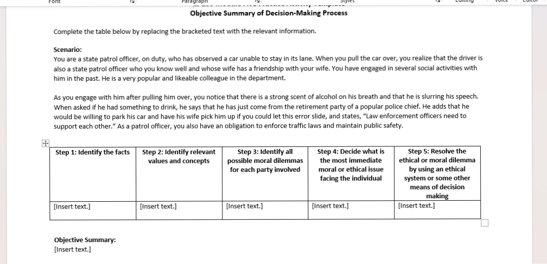 Summary of the decision-making process.Prompt:by using the information provided in a scenario.
