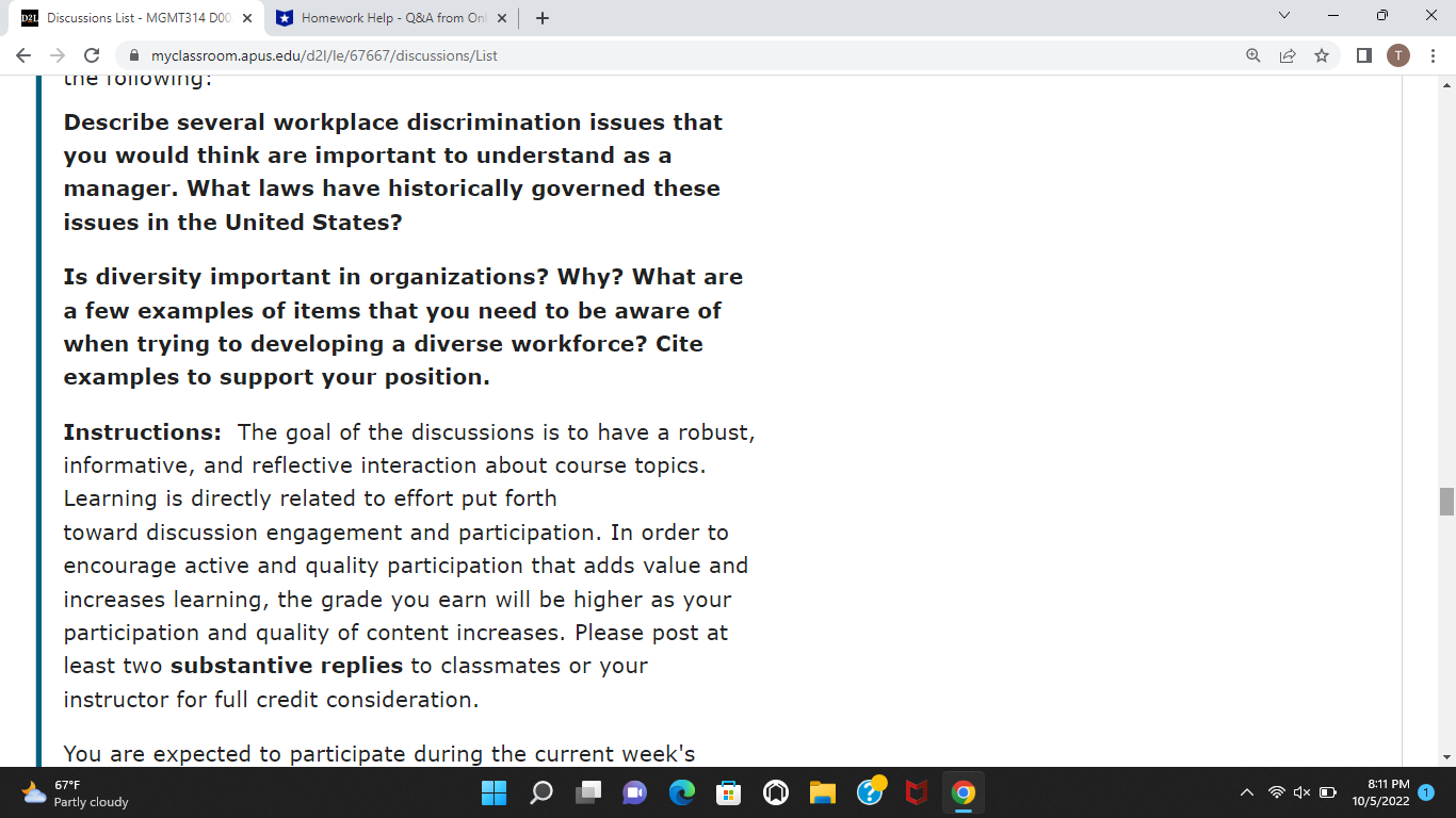 D21 Discussions List - MGMT314 DO0. X Homework Help - Q&LA