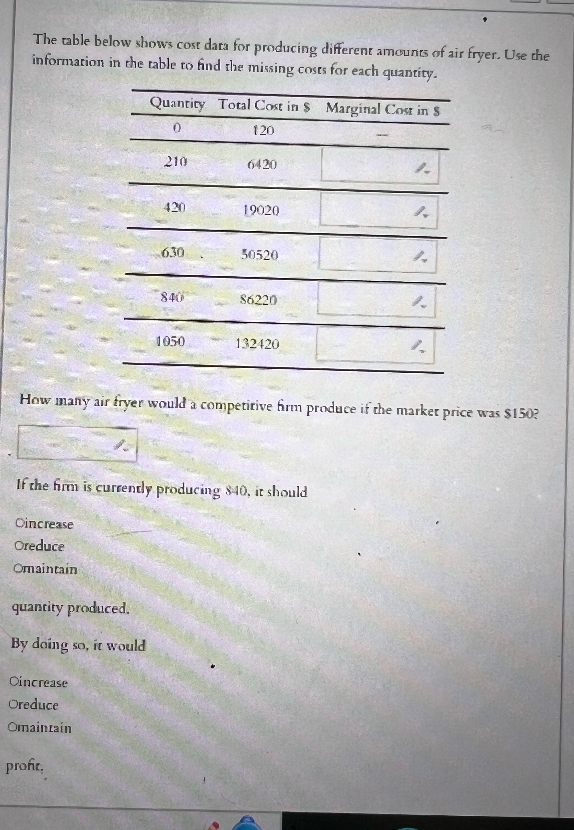 Question #14 The table below shows cost data for producing different amounts