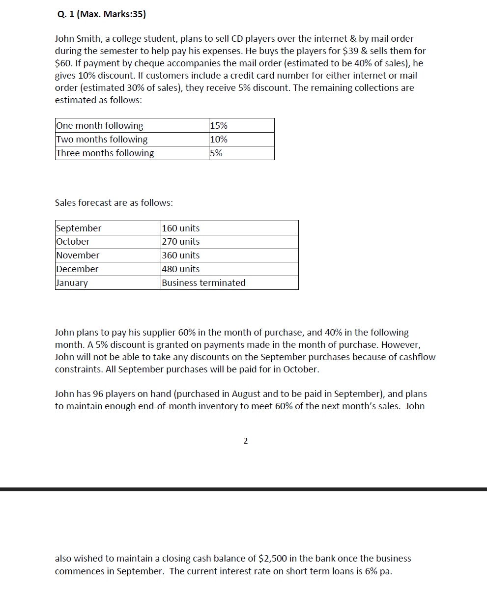  Q. 1 (Max. Marks:35) John Smith, a college student, plans to