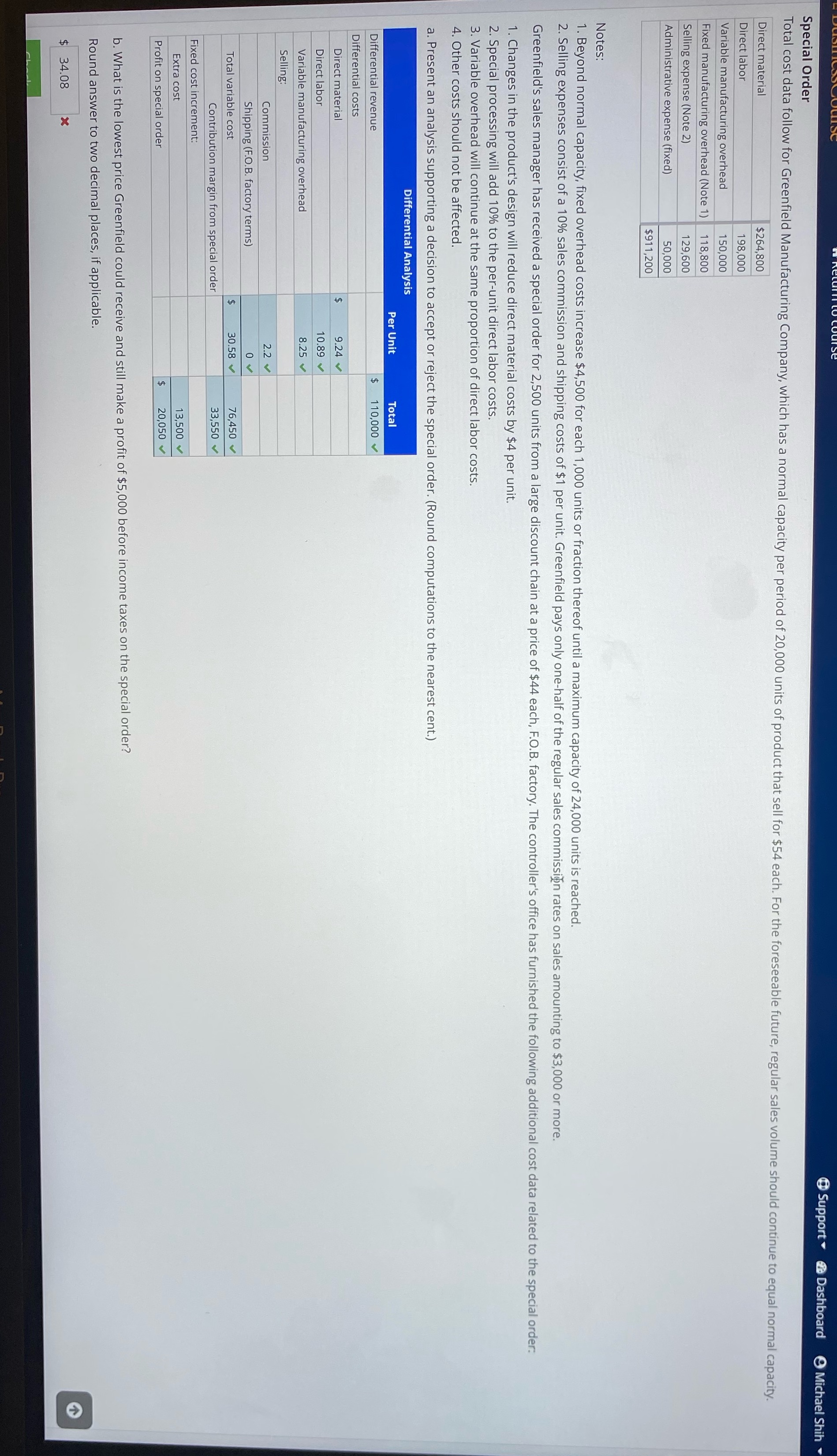 How do i solve this question Support Dashboard Michael Shih Special Order