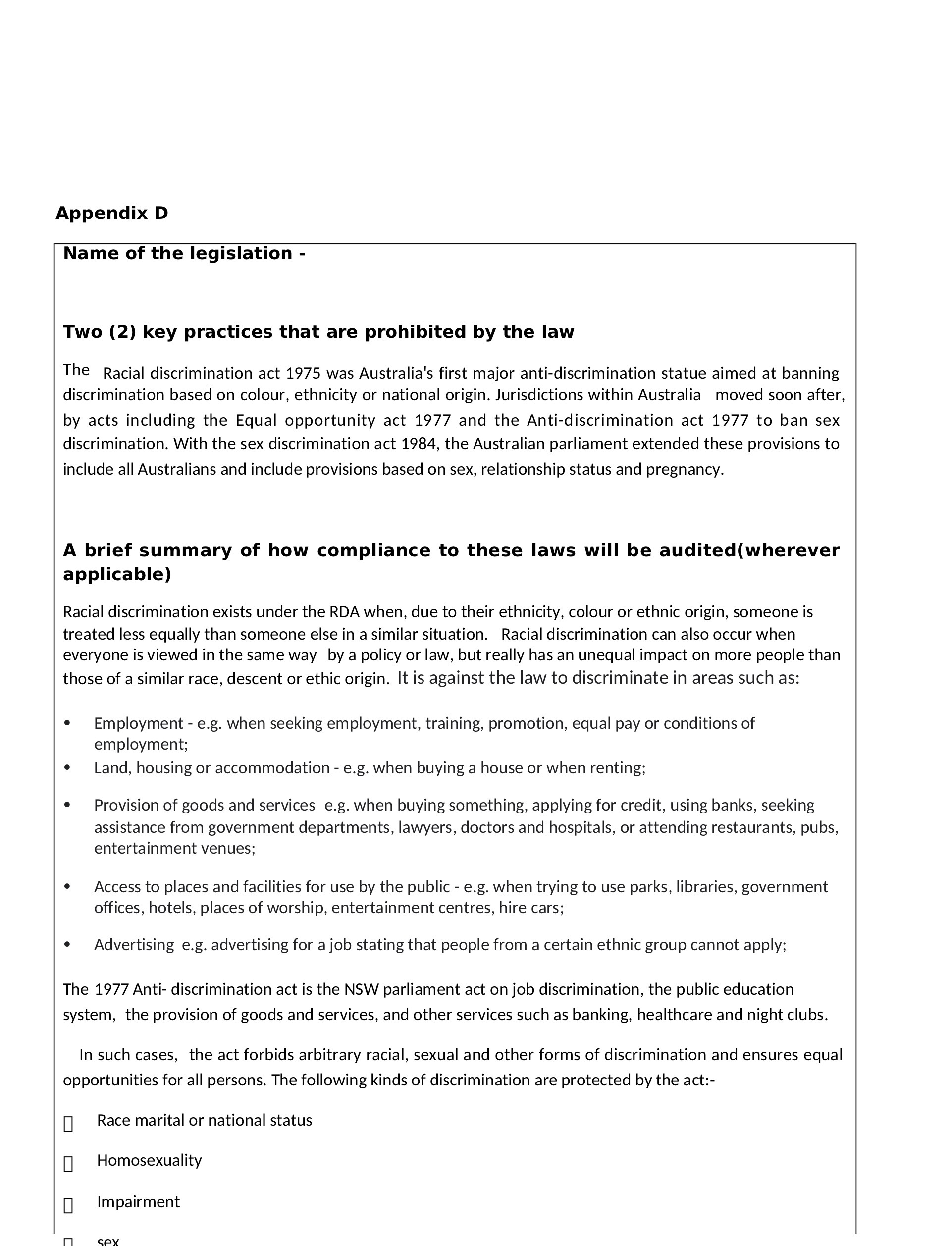 Appendix D Name of the legislation - Two (2) key practices