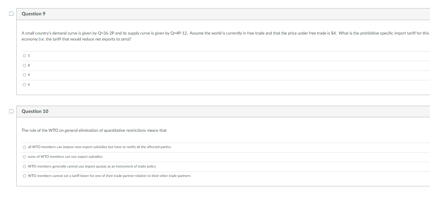 country's demand curve is given by Q=36-2P and its supply curve is