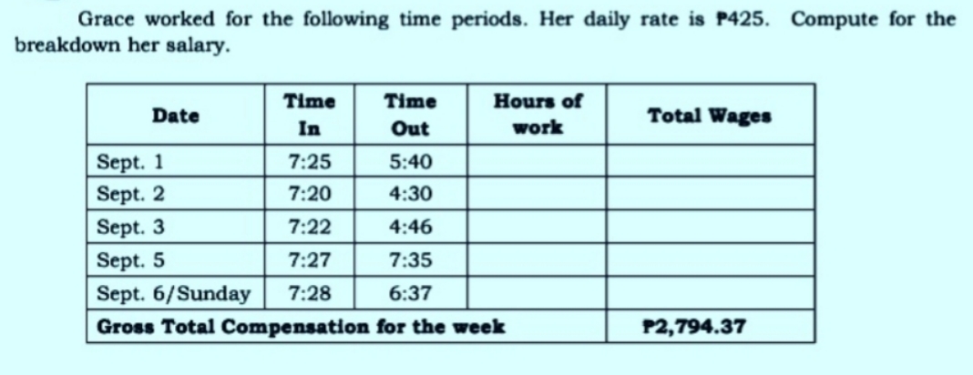 please answer and make solution Grace worked for the following time periods.