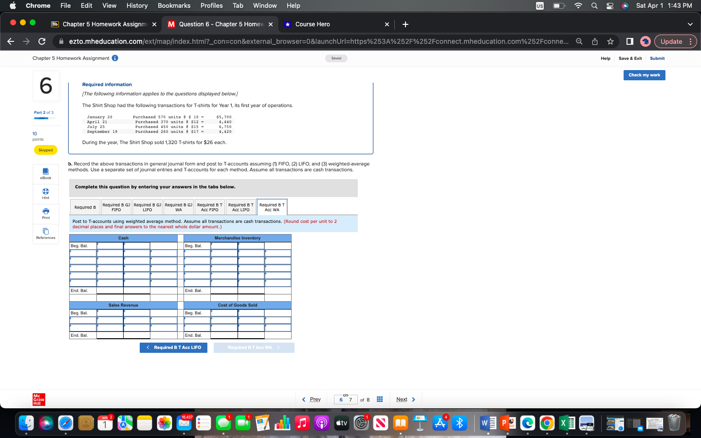 following transactions for T-shirts for Year 1, its first year of operations.