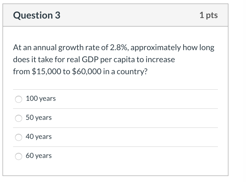 please help and explain Question 3 1 pts At an annual growth