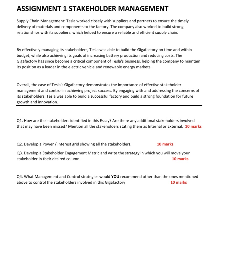  ASSIGNMENT 1 STAKEHOLDER MANAGEMENT Supply IChain Management: Tesla worked closely with