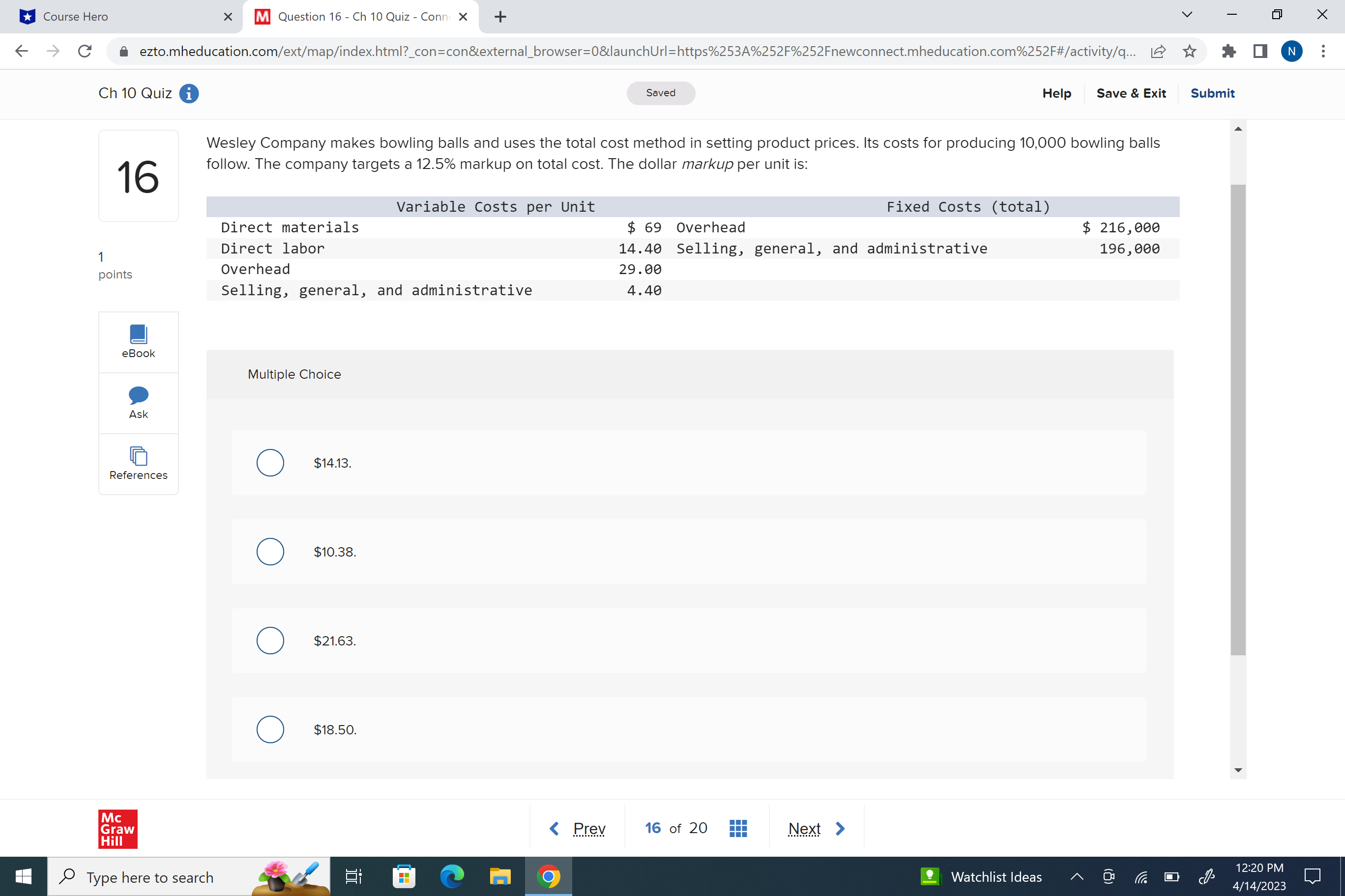 u Course Hero X m Question 16 , Ch 10 Quiz