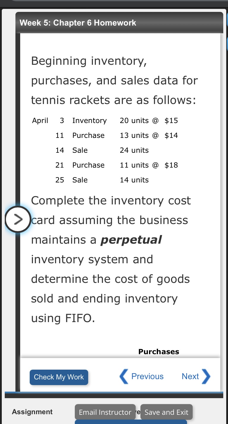 Week 5: Chapter 6 Homework Beginning inventory, purchases, and sales data
