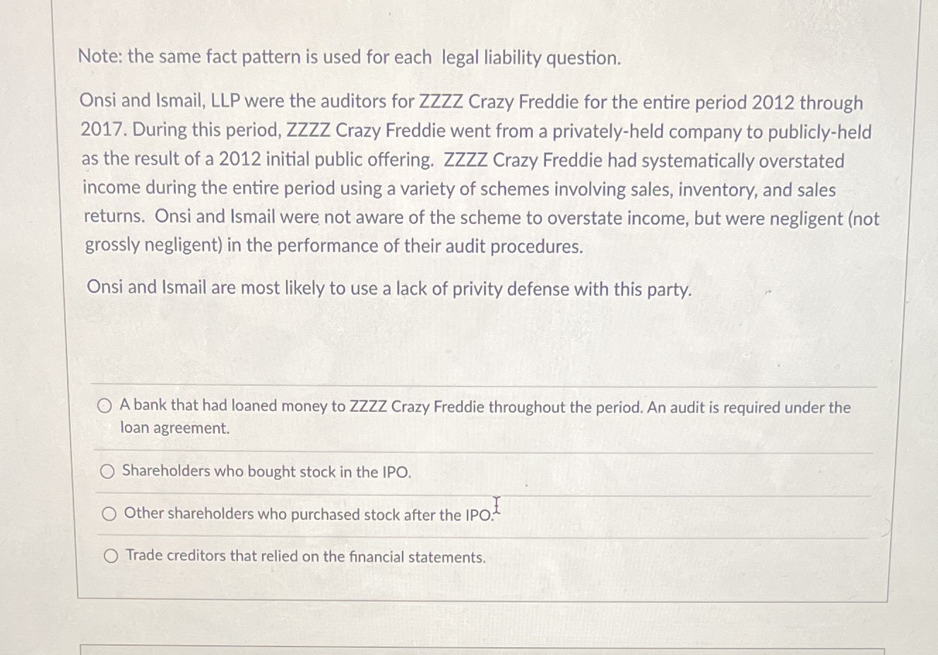 Auditing Note: the same fact pattern is used for each legal liability
